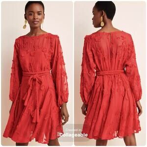 Anthropologie Mare Mare Red Amal Textured Mini Dress Embroidered Size Small Belt